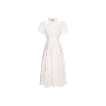 CHIWAWAMEME Short Sleeved Dresses Women's Pink And White Floral Pattern