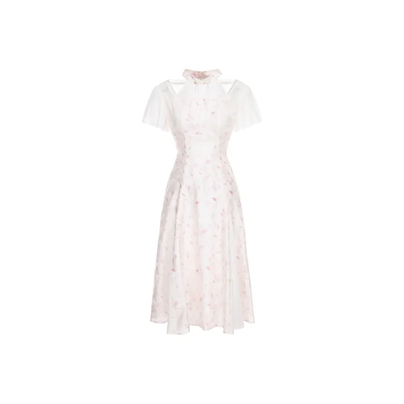 CHIWAWAMEME Short Sleeved Dress Women's Pink And White Floral-0