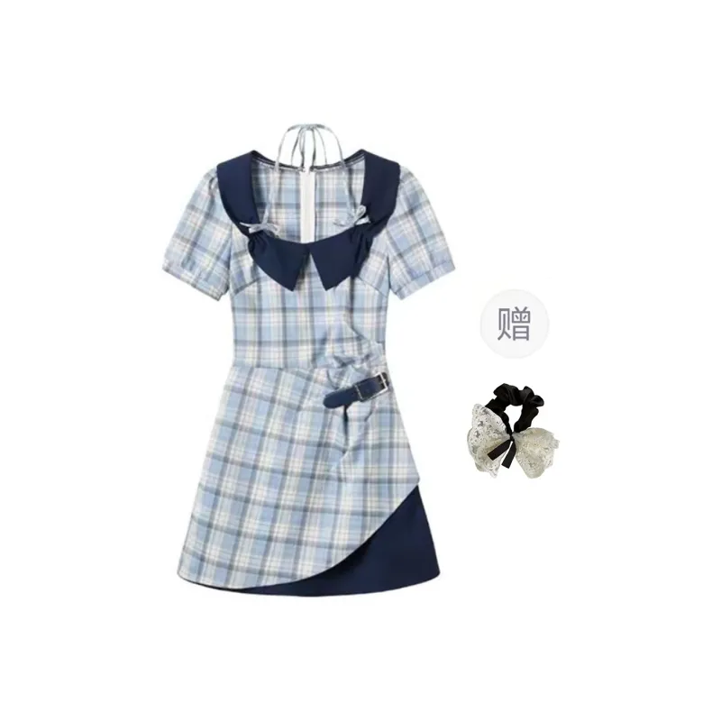 PAVEA Short Sleeved Dress Women's Blue+Hair Tie Comes With-0
