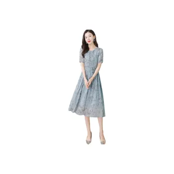 Cypress House Short Sleeved Dresses Women's Blue Background Dark Gray Floral
