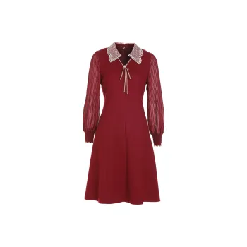 QIAOWANNI Long Sleeved Dresses Women's Prunus Red