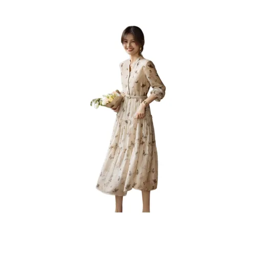 XWI Long Sleeved Dress Women's Beige With Coffee Floral
