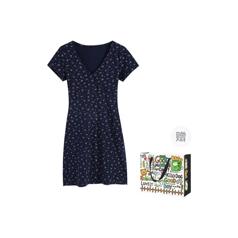 ZVJH Short Sleeved Dress Women's Navy Blue-0