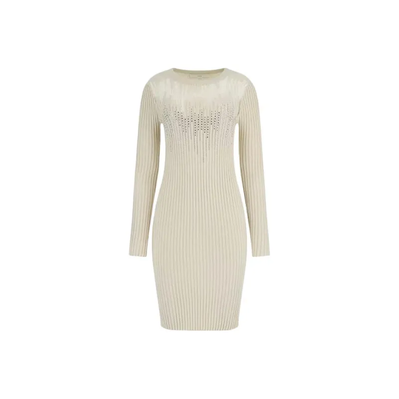 GUESS Rhinestones Mini Sweater Dress Long-Sleeved Dresses Women's White-0