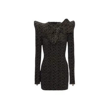 BALMAIN Monogrammed Jacquard Structured Dress With Bow Collar Long Sleeved Dresses Women's Brown