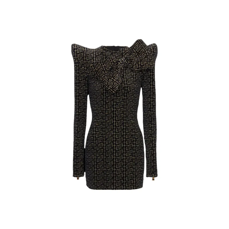 BALMAIN Monogrammed Jacquard Structured Dress With Bow Collar Long Sleeved Dresses Women's Brown-0