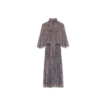 CELINE Lavaliere Dress In Printed Silk Lamé Long Sleeved Dress Women's Multicolor