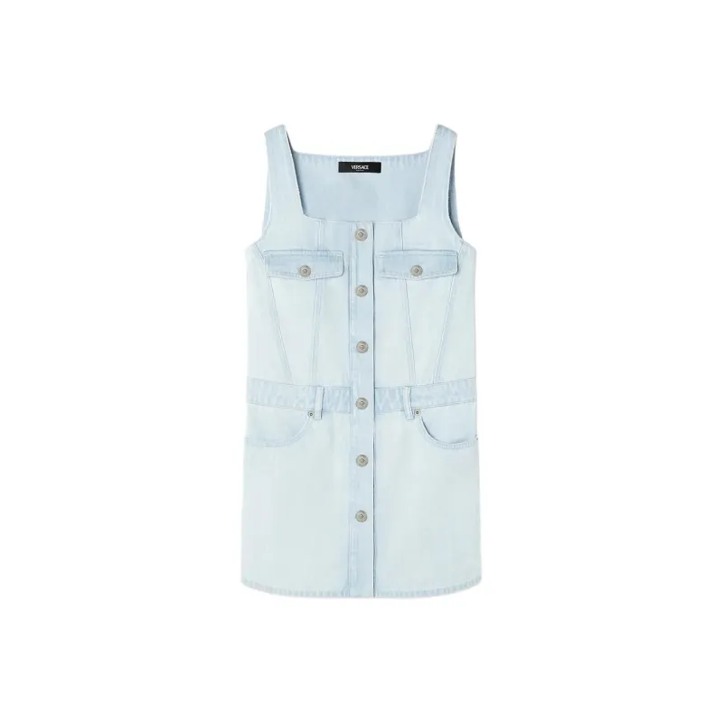 VERSACE Medusa Buttons Sleeveless Denim Mini Dress-0