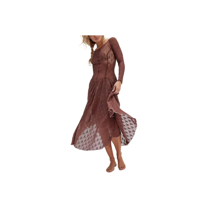 FREE PEOPLE Dial For Drama Slip Long-Sleeved Dresses Women's Root Beer/Root Beer-0
