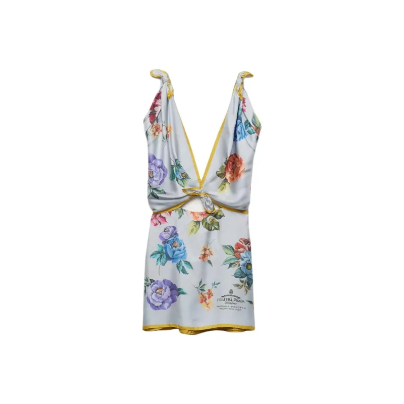 PRADA Printed Silk Twill Mini Dress Sleeveless Dress Women's Gray-0