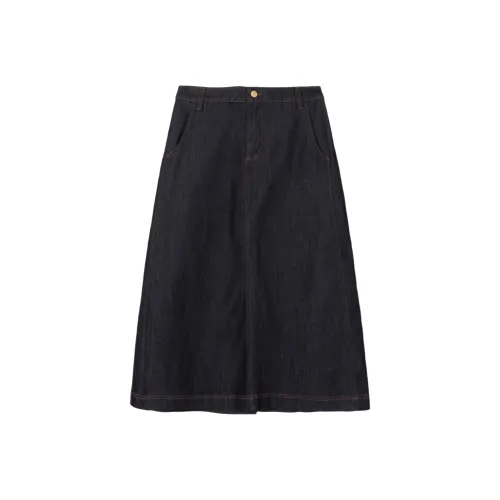FAWENXIANGZI Denim Long Skirt Women's Dark Blue