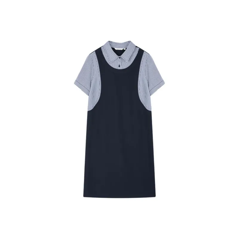Mo Han Yi Mei SS24 Short Sleeved Dress Women's Navy Blue-0