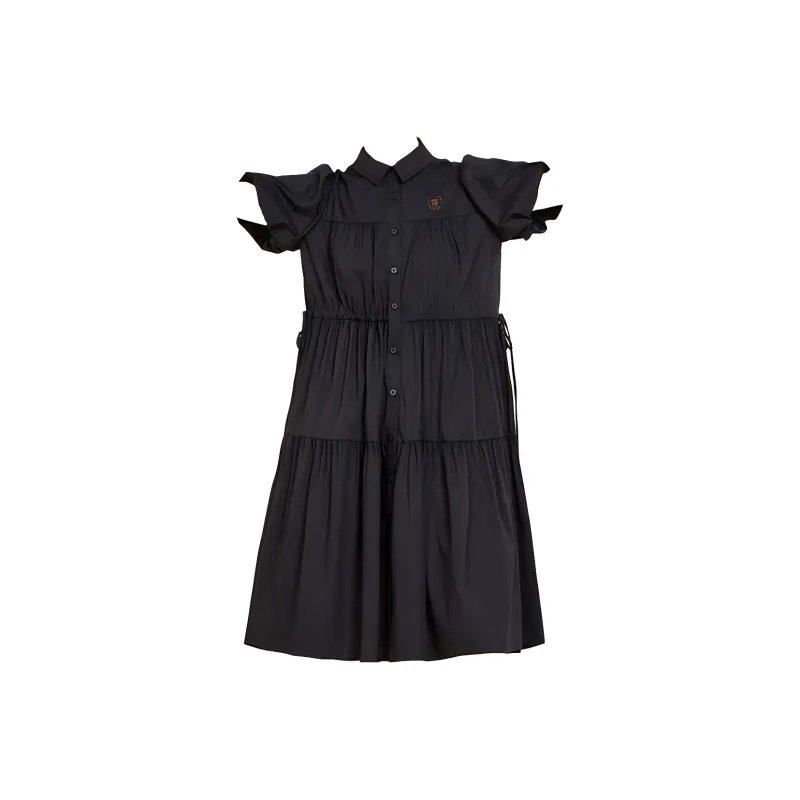 MUGUOGUOMU Summer Short Sleeved Dress Cinched Waist Women's Black-0
