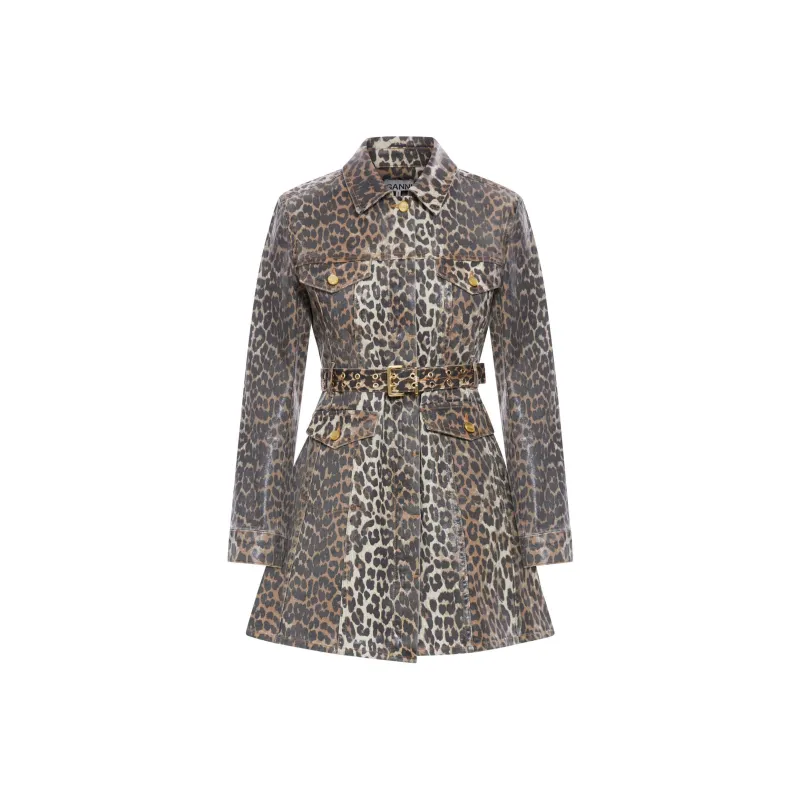 GANNI Leopard Printed Foil Denim Dress-0