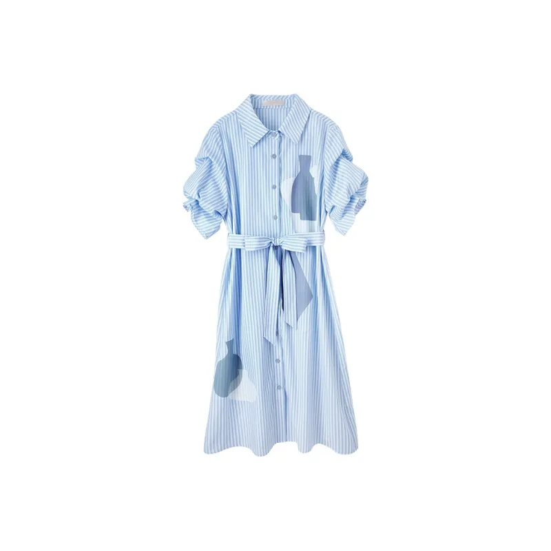 SENTUBILA Short Sleeved Dresses Women's Blue Stripes Pattern-0