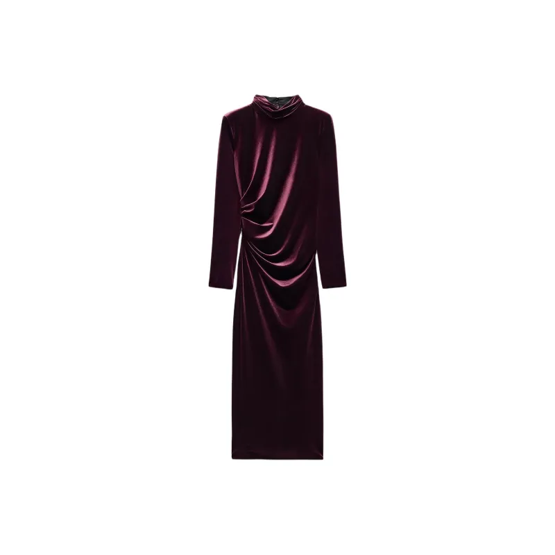 ZARA ZW Series Long-Sleeved Dresses Women's Burgundy-0