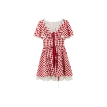Blovelan Short Sleeved Dresses Women's Red Plaid