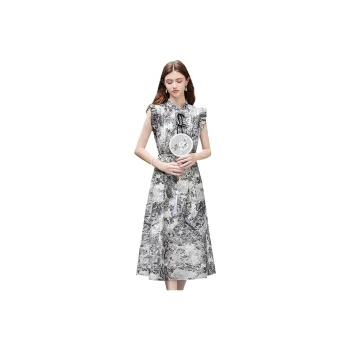 TOUCH Short Sleeved Dress Women's Beige With Black And Gray Painting
