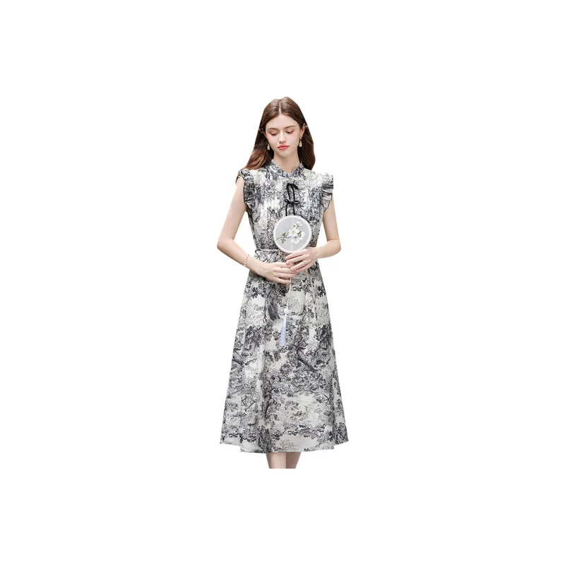 TOUCH Short Sleeved Dress Women's Beige With Black And Gray Painting-0
