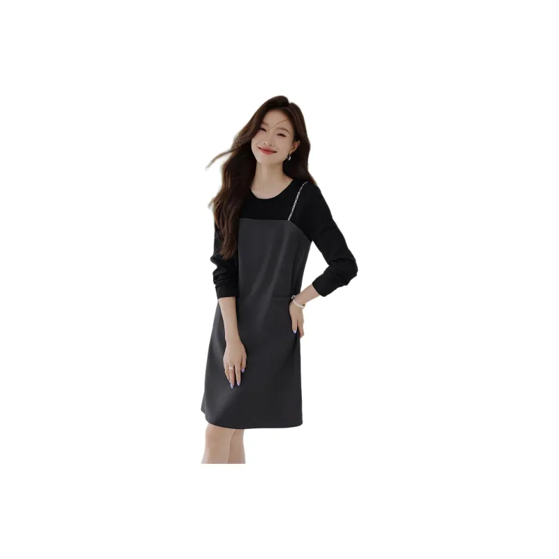 Mo Han Yi Mei Long Sleeved Dress Women's Gray & Black-0