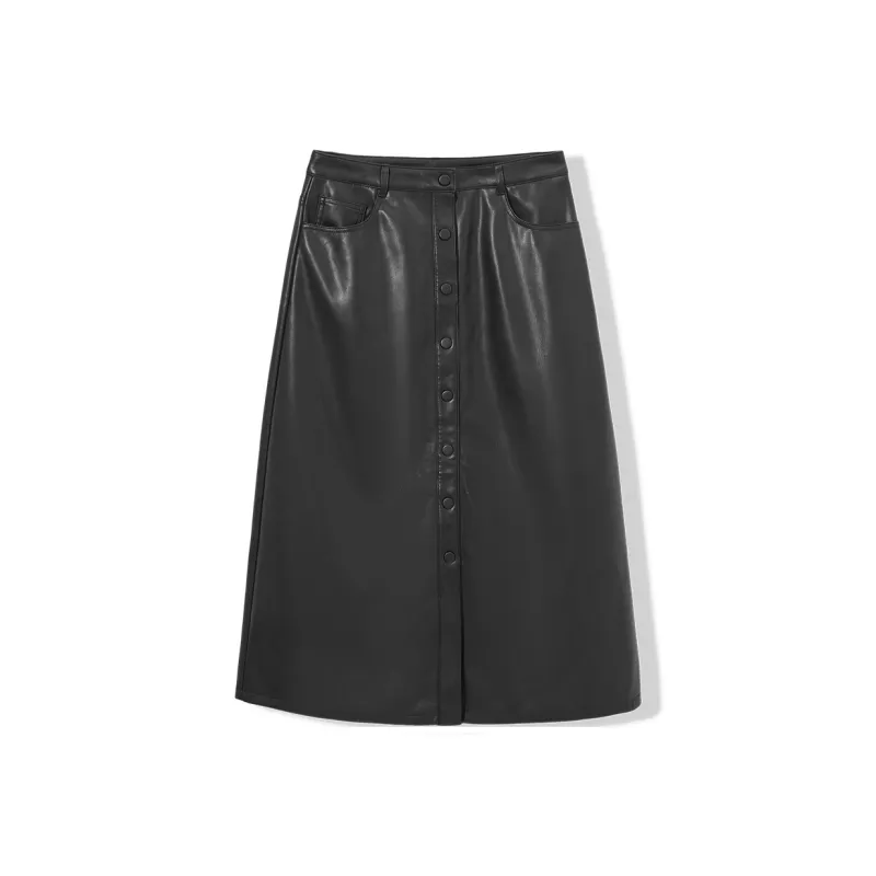 Hotwind Leather Long Skirts Women's Black-0