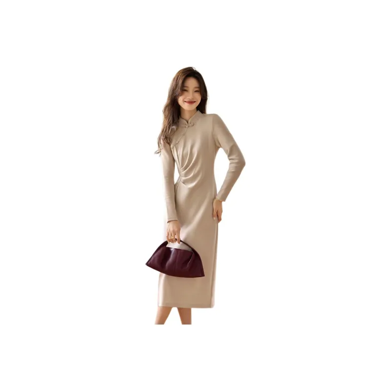 Mo Han Yi Mei Long Sleeved Dress Women's Beige Apricot-0