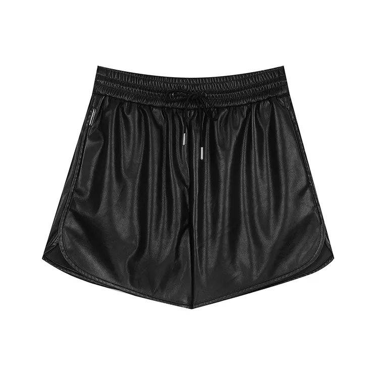 ELF SACK Black High Rise PU Leather A Shape Shorts Women's-0