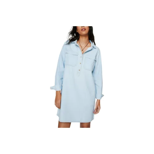 NASTY GAL Denim Double Pocket Shirt Dress Long-Sleeved Dresses Women's Bleached White Washable