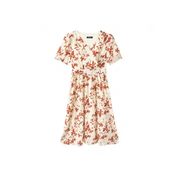 MKBY Short Sleeved Dress Women's Light Beige With Red Flower Print
