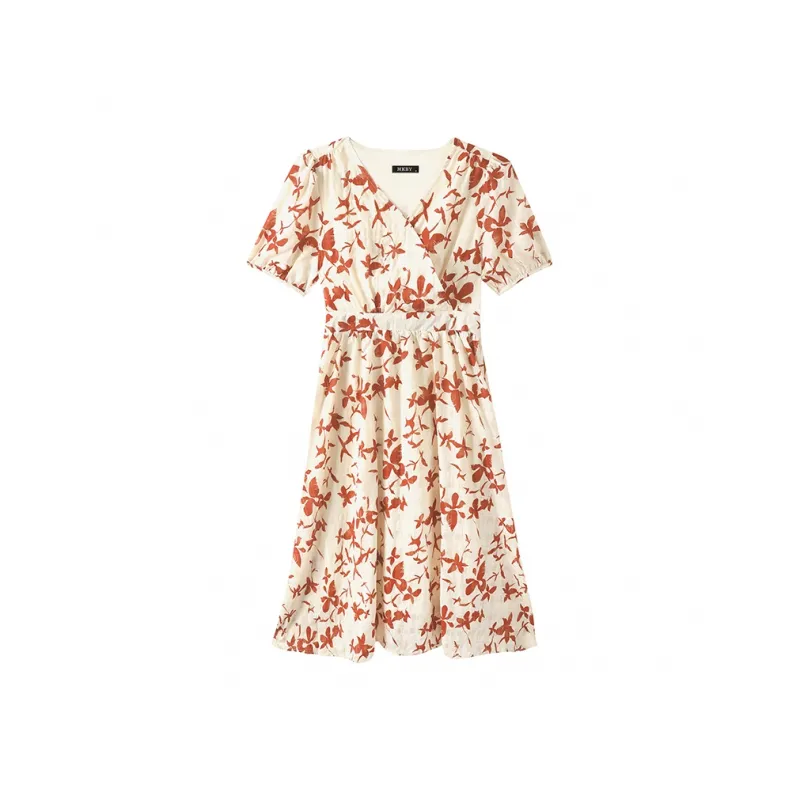 MKBY Short Sleeved Dress Women's Light Beige With Red Flower Print-0