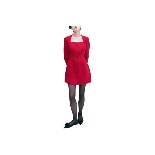 MARDI MERCREDI FW24 TWEED MINI DRESS SQUARE NECK-RED Long-Sleeved Dresses Women's Red