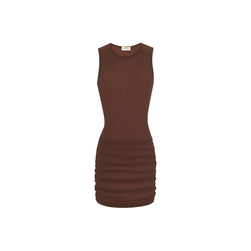 SAINT LAURENT Crewneck Ruched Detailed Mini Dress-0