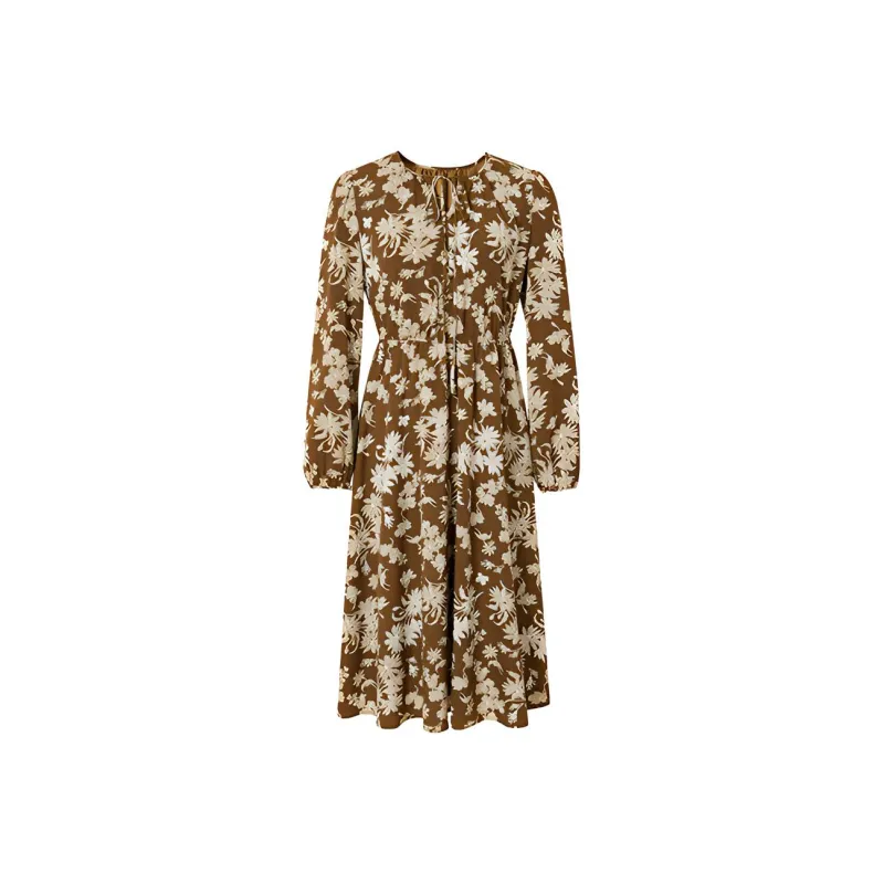 Hopeshow Long Sleeved Dresses Women's Coffee Floral-0