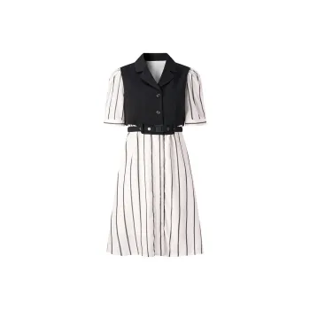 PEACEBIRD Short Sleeved Dress Women's Black White Stripes