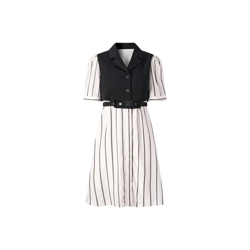 PEACEBIRD Short Sleeved Dress Women's Black White Stripes-0