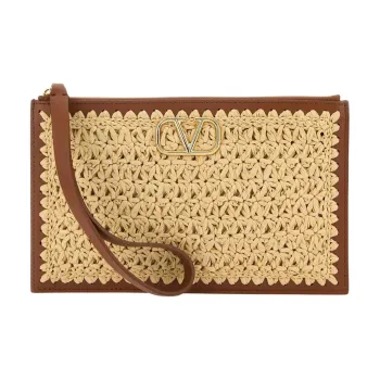 Valentino Vlogo Raffia Clutch Medium Size Women's Beige & Brown