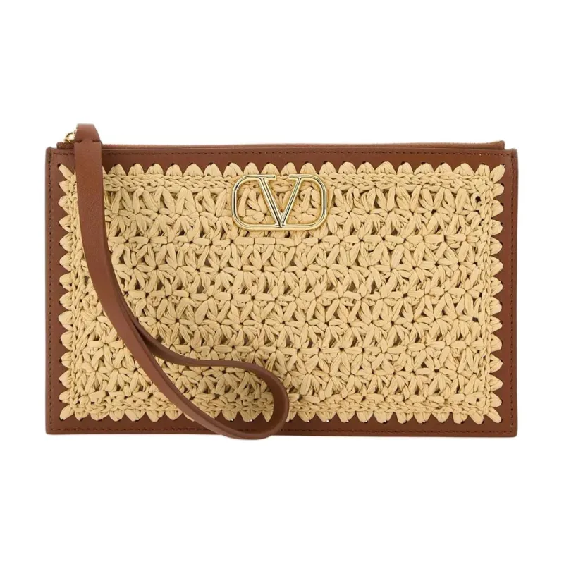 Valentino Vlogo Raffia Clutch Medium Size Women's Beige & Brown-0