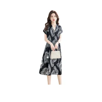 Cypress House Short-Sleeved Dresses Women's Black Base With White Pattern