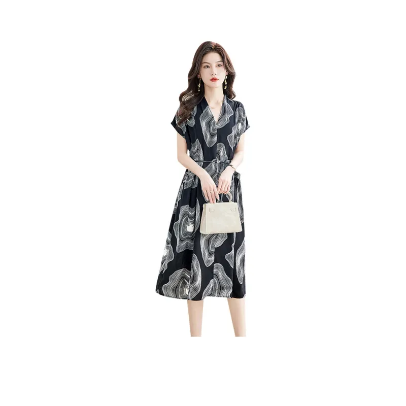 Cypress House Short-Sleeved Dresses Women's Black Base With White Pattern-0