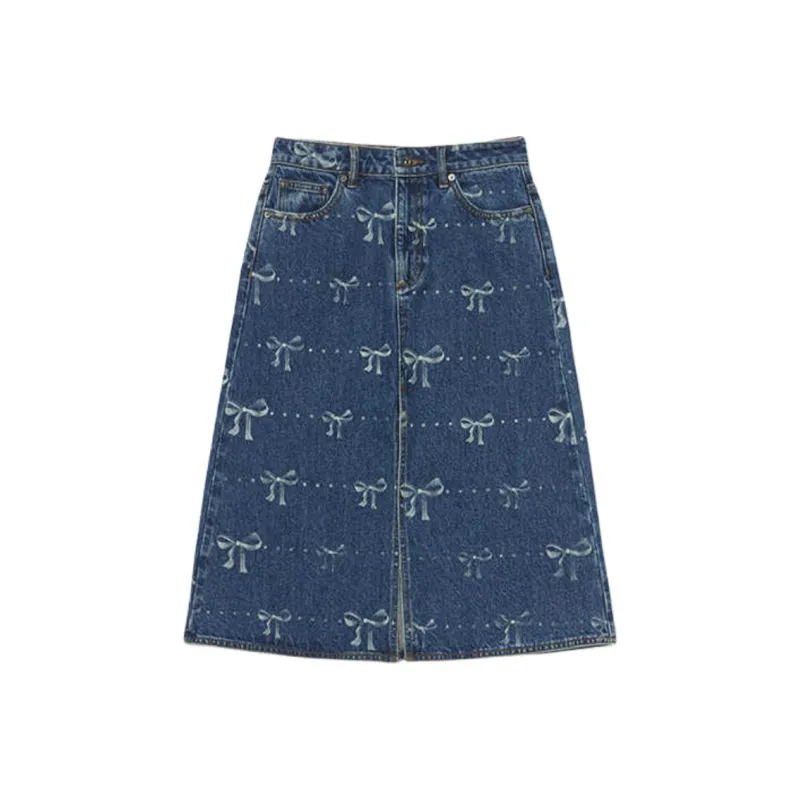 Self portrait Bow print Denim Skirt-0