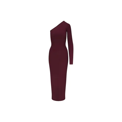 SKIMS FW24 SOFT LOUNGE ONE SHOULDER LONG DRESS Long Sleeved Dress Women's Bordeaux/Burgundy