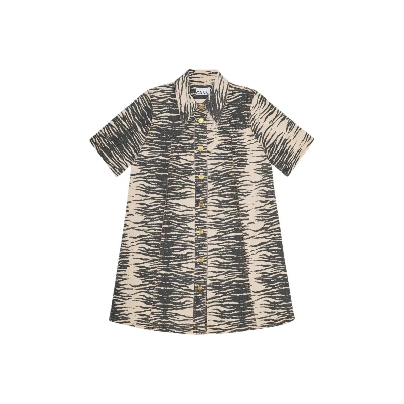 GANNI Print Denim Mini Dress Short-Sleeved Dresses Women's Gray-0