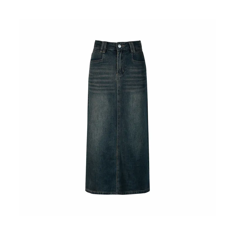 Wen Shan Denim Long Skirt Women's Vintage Blue-0