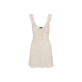 Realisation Par The Hazel Sleeveless Dress Women's Tan Gingham/Light Tea Stripe Plaid