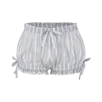 Selkie Collection SS24 Casual Shorts Women's Light Celadon Vertical Stripes White Tea Towel Print