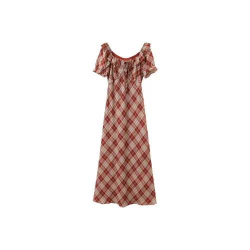 3COLOUR Short Sleeved Dress Women's Burgundy Plaid