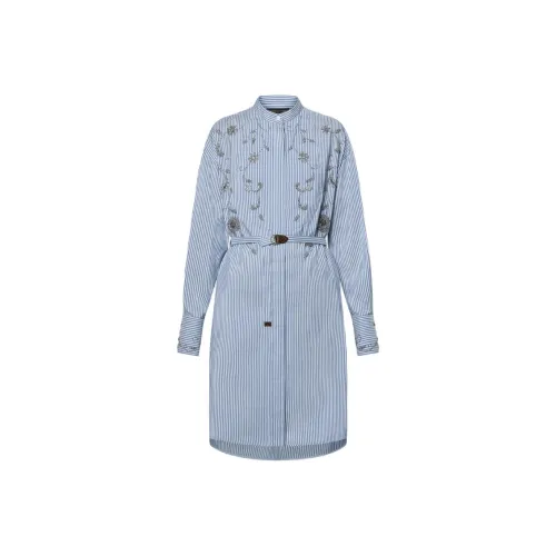 LOUIS VUITTON Bejeweled Floral Pinstripe Shirt Dress