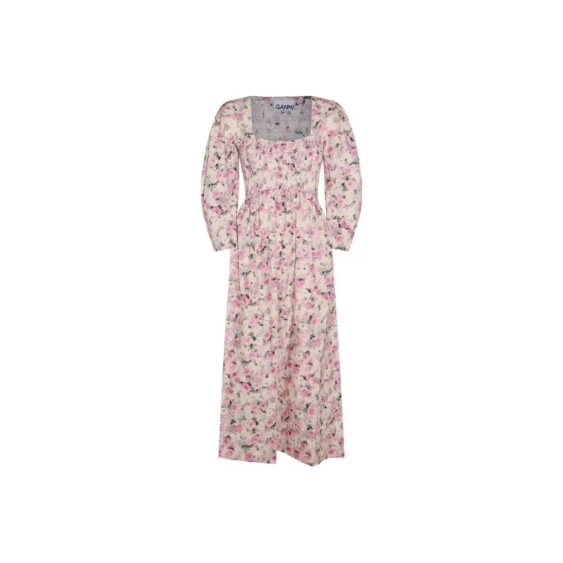 GANNI Floral Printed Square Neck Midi Dress-0