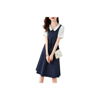 Mo Han Yi Mei Short Sleeved Dress Women's Navy Blue & White