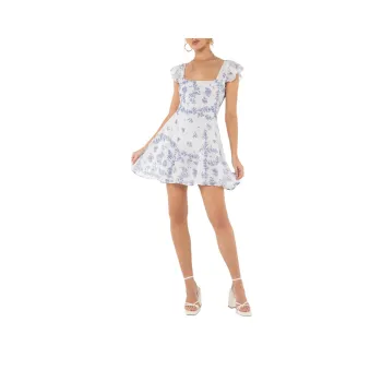 PRINCESS POLLY DREAM AWAY MINI DRESS Short-Sleeved Dresses Women's Blue Multi/White Base Blue Print